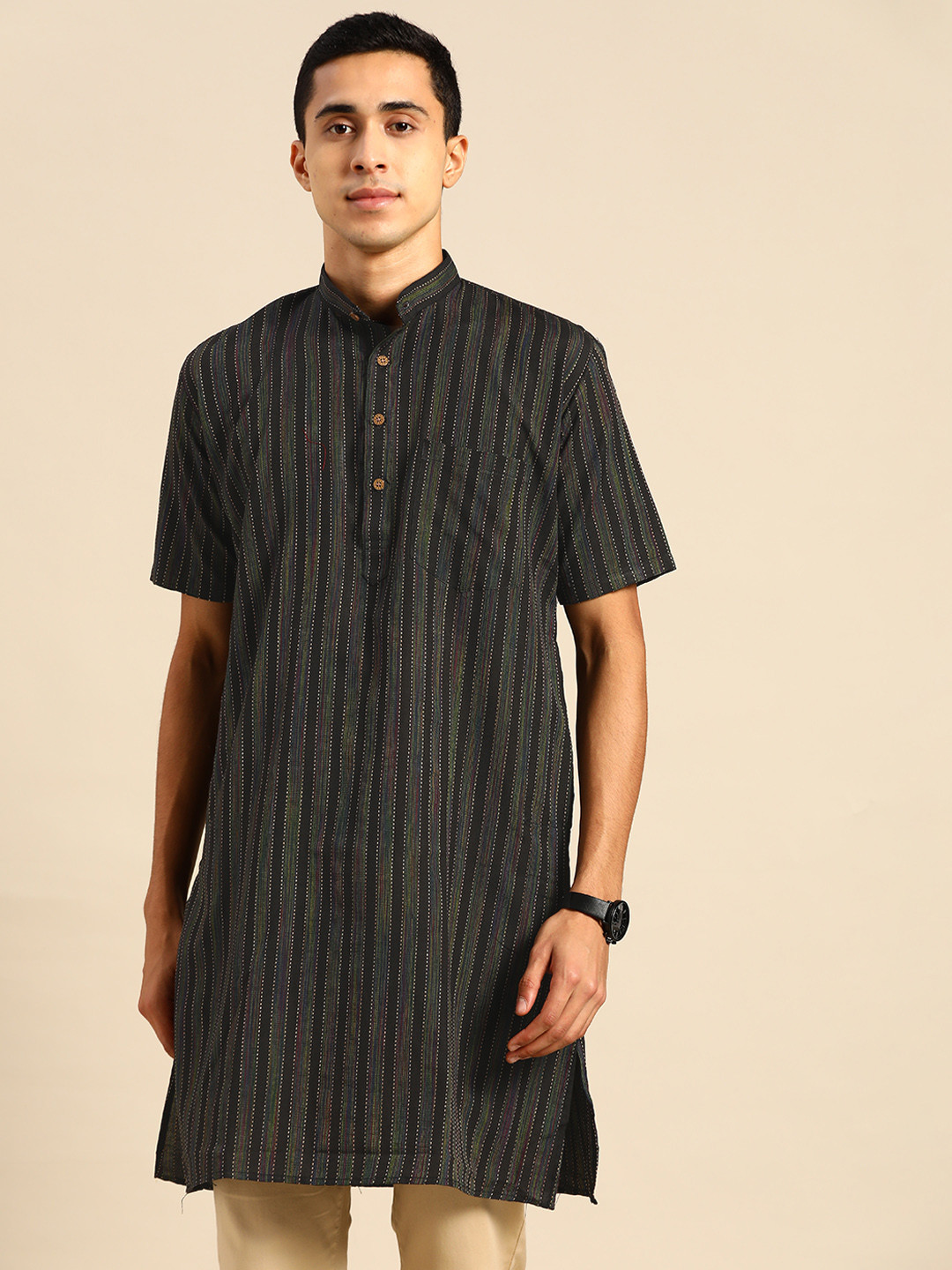 

RAJUBHAI HARGOVINDAS Men Black Striped Handloom Kurta