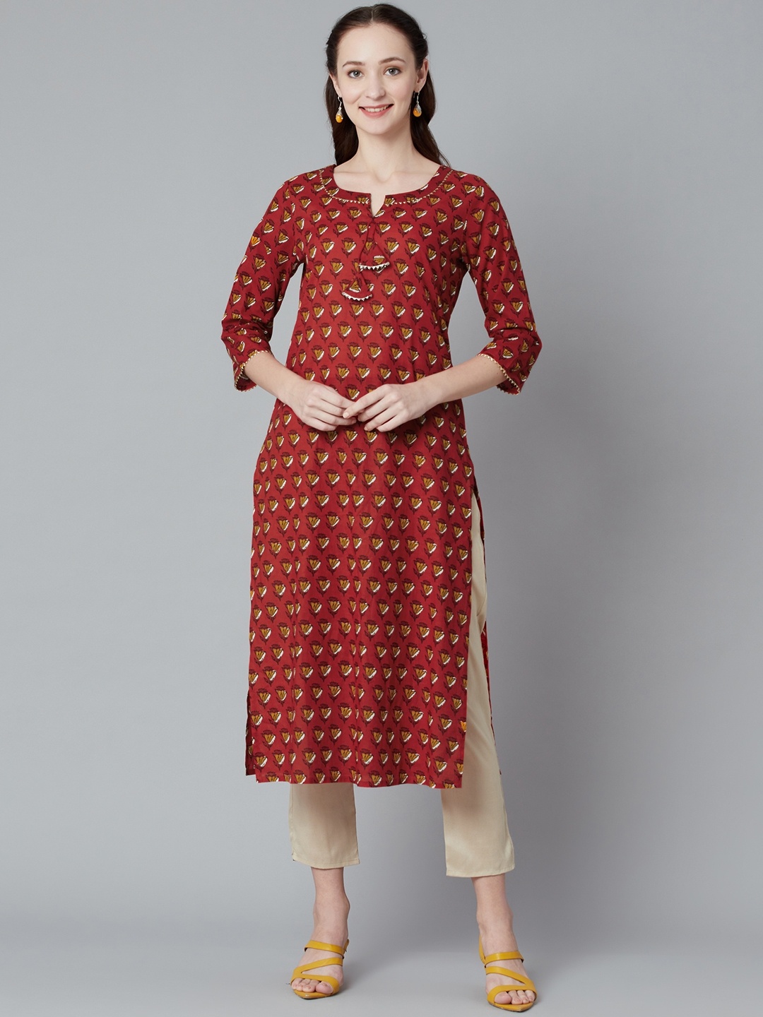 

PIROH Women Red & Mustard Yellow Floral Printed Keyhole Neck Gotta Patti Floral Kurta