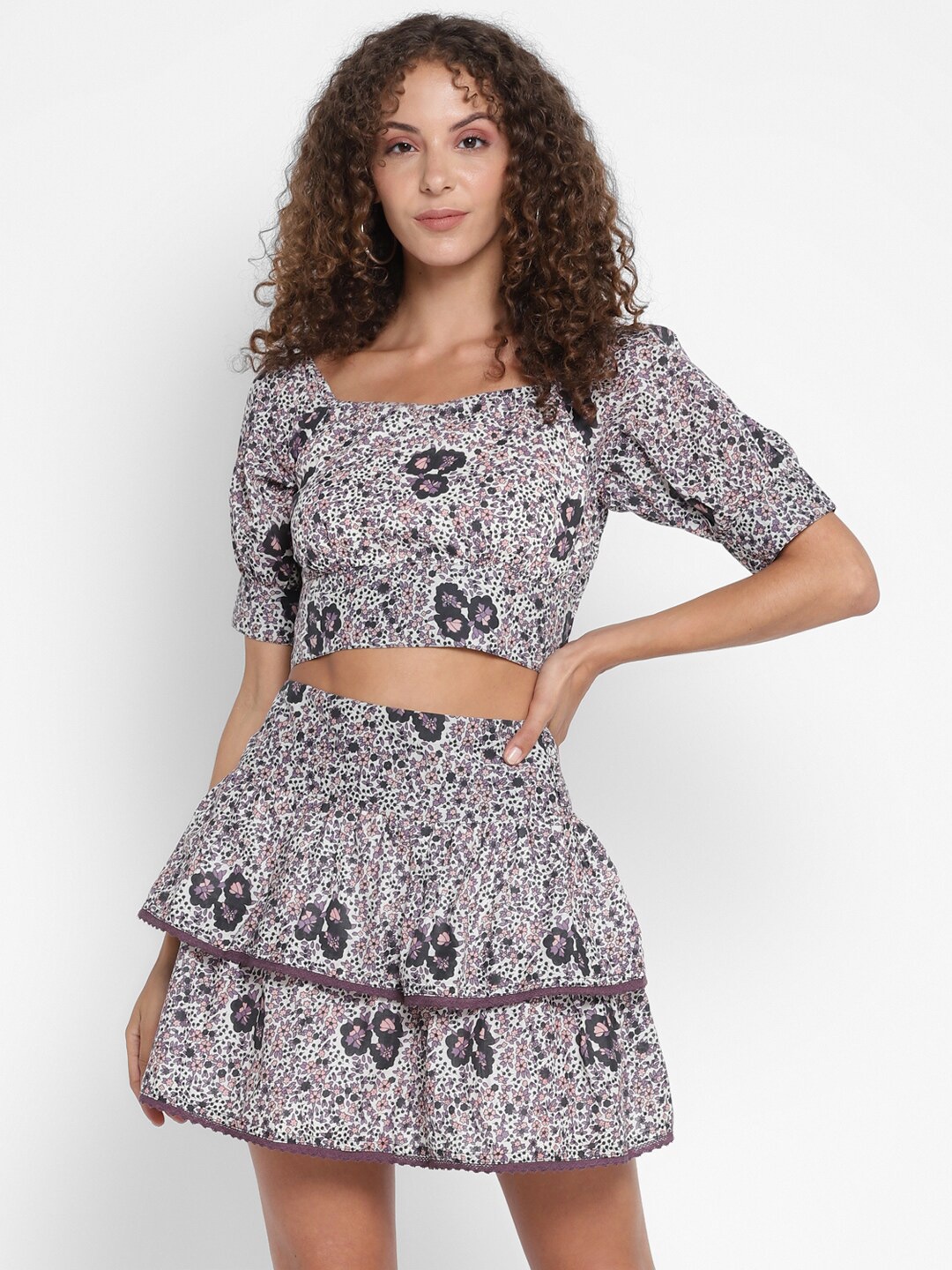 

Porsorte Off White & Purple Floral Dress