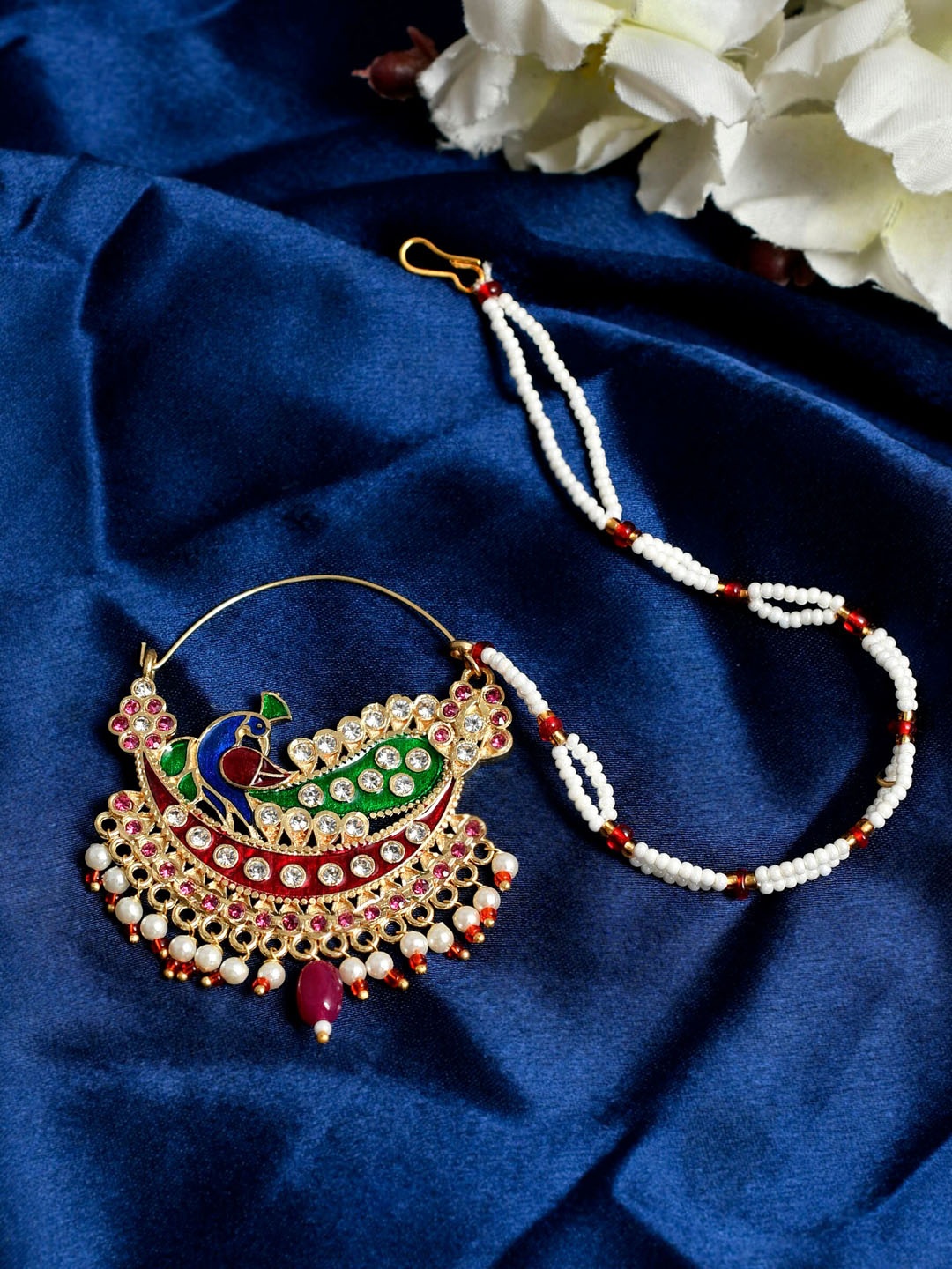 

Silvermerc Designs Gold-Plated White & Pink Stone-Studded & Beaded Meenakari Nosering