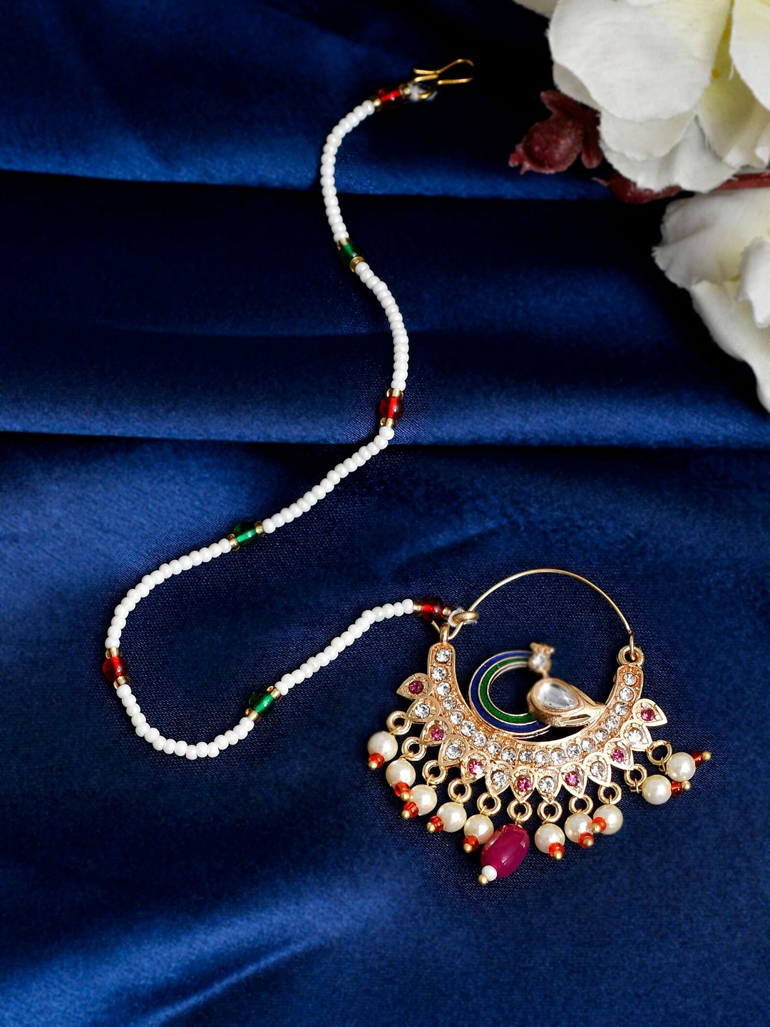 

Silvermerc Designs Gold-Plated Stone-Studded & Beaded Peacock Meenakari Jodha Bai Nosering