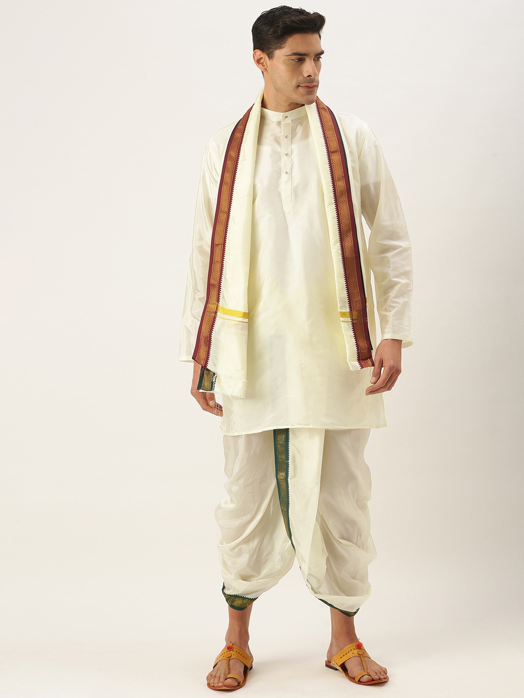 

VARA SILK Men Beige Kurta with Dhoti Pants & Dupatta