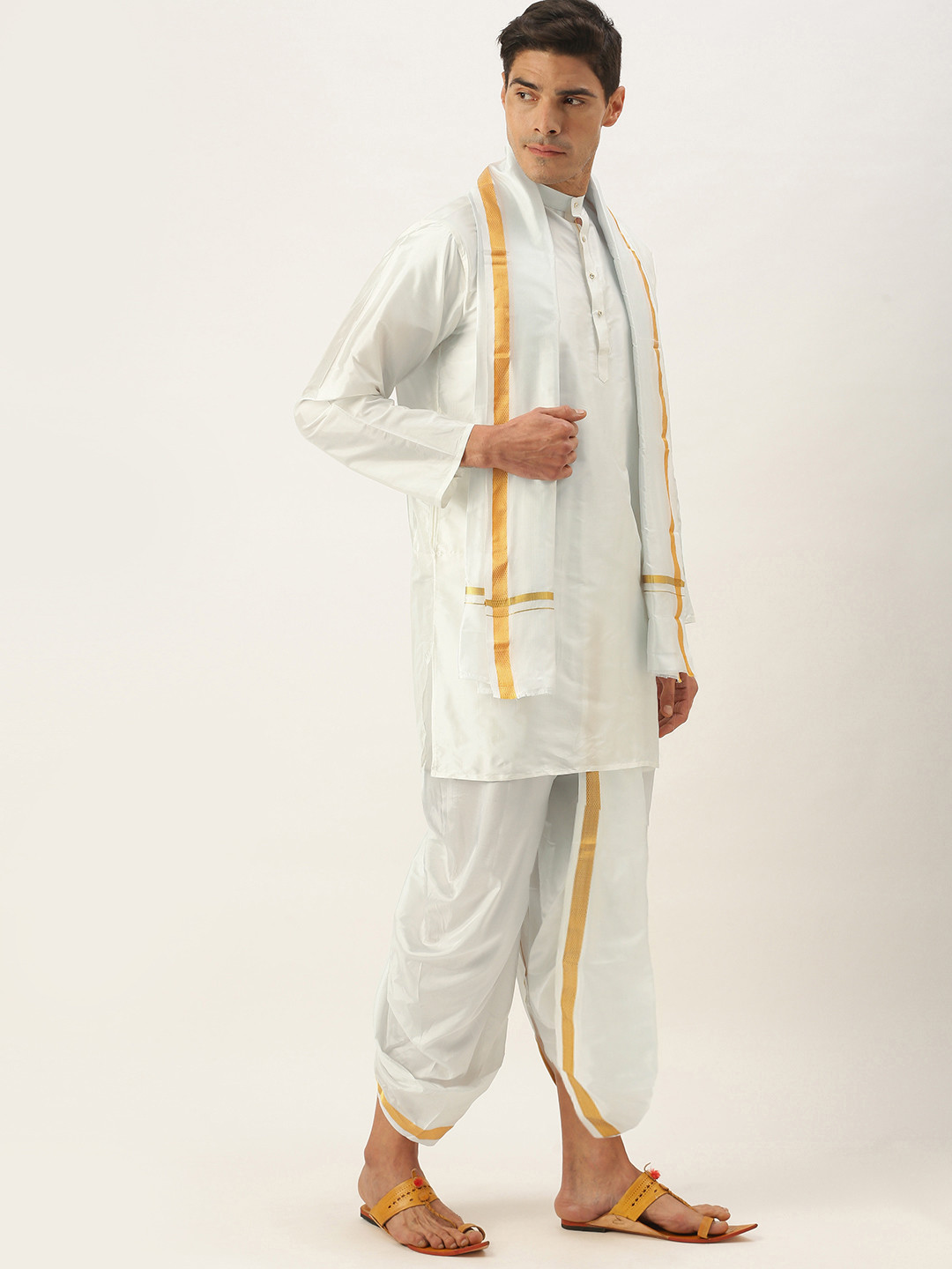 

VARA SILK Men White Kurta with Dhoti Pants & Dupatta