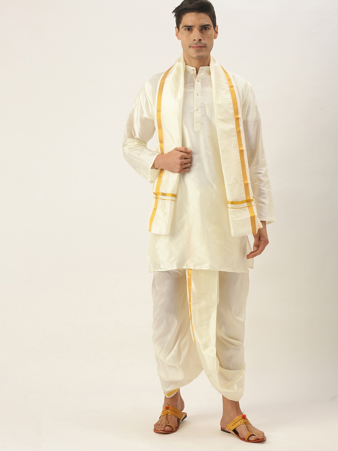 

VARA SILK Men Beige Kurta with Dhoti Pants & Dupatta