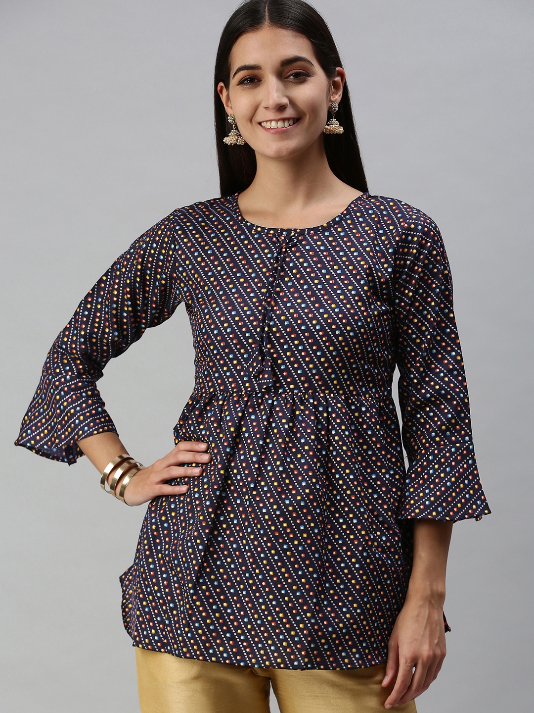 

SheWill Navy Blue & Multicoloured Regular Top
