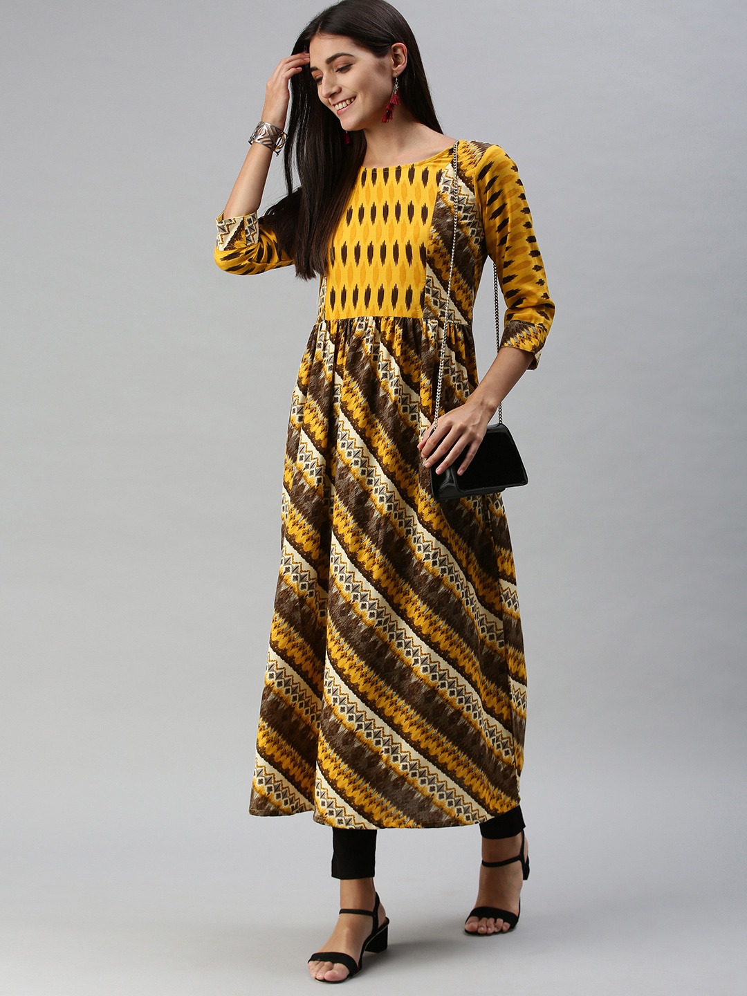 

SheWill Women Mustard Yellow & Brown Printed Anarkali Kurta