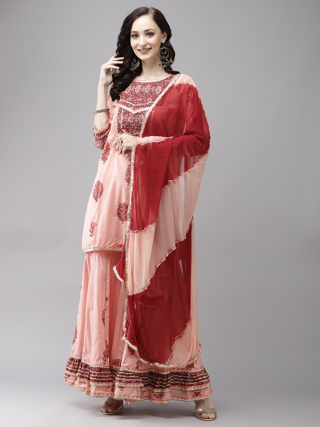 

Ishin Women Peach-Coloured Pure Cotton Printed Gotta Patti Kurta with Sharara & Dupatta