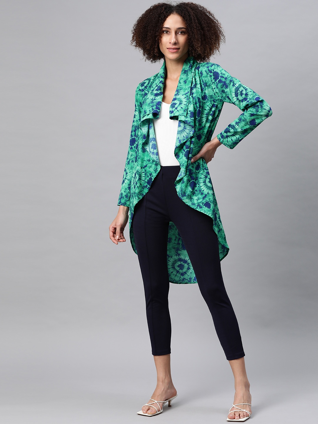 

Cottinfab Women Green & Navy Blue Dyed Longline Waterfall Shrug
