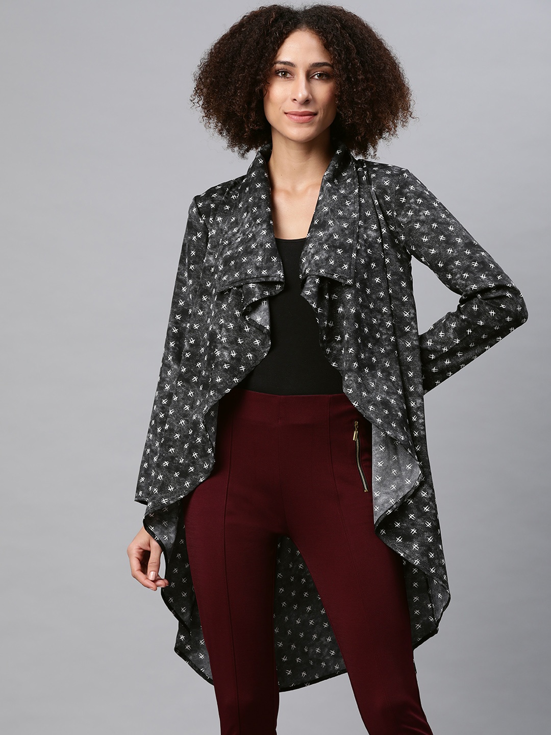 

Cottinfab Women Black & White Geometric Printed & Dyed Longline Waterfall Shrug