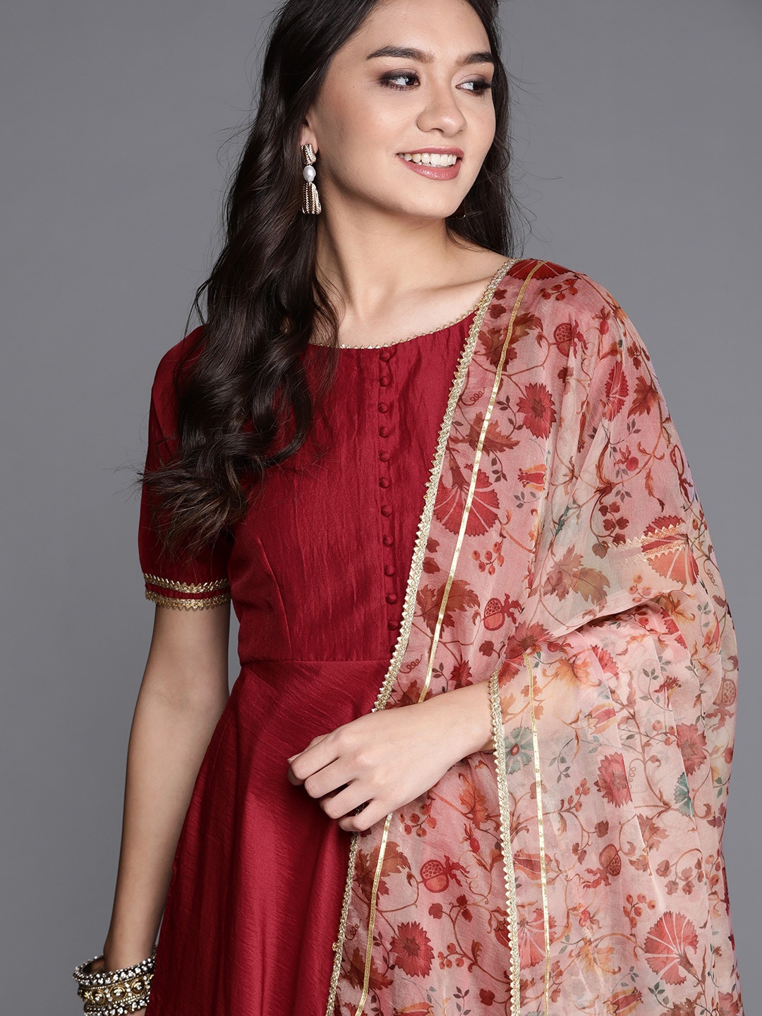 

Inddus Women Maroon Gotta Patti Anarkali Kurta with Printed Dupatta