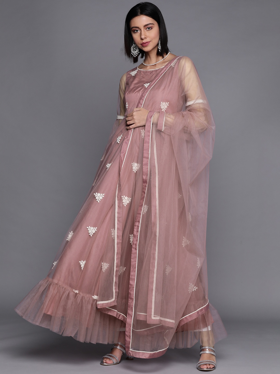 

Inddus Women Mauve Floral Embroidered Thread Work Anarkali Kurta& Dupatta