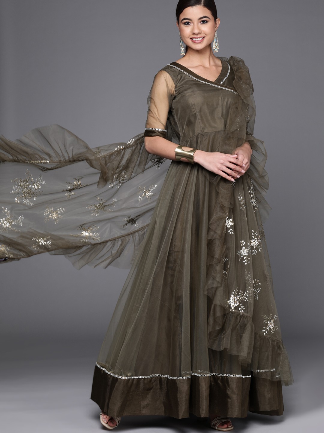 

Inddus Women Green Floral Embroidered Mirror Work Anarkali Kurta with Ruffle Dupatta