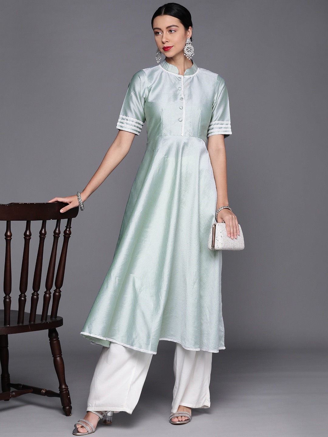 

Inddus Women Sea Green & White Woven Design Anarkali Kurta