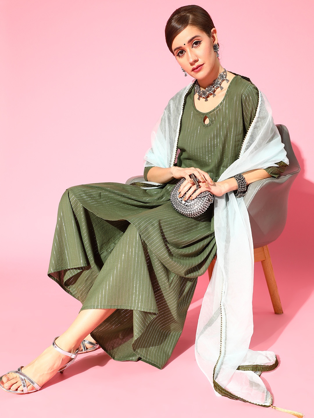 

mokshi Women Green Striped Regular Pure Cotton Kurti with Sharara & Dupatta