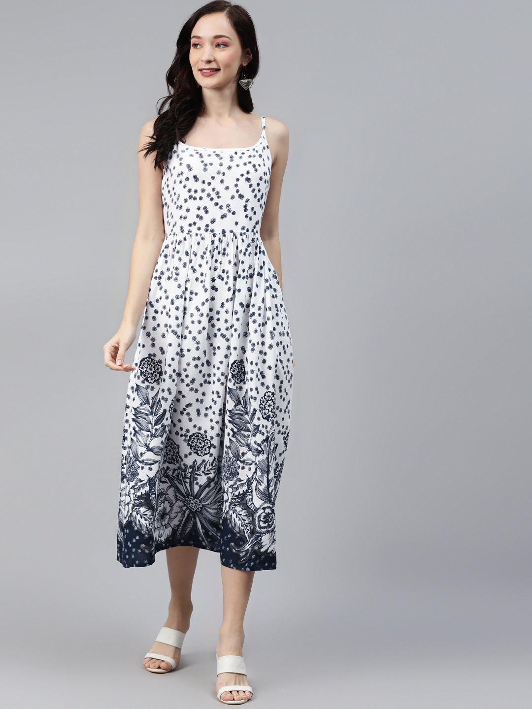 

mokshi White & Blue Floral A-Line Midi Dress