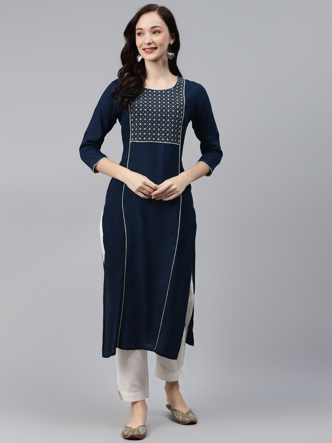 

mokshi Women Blue Yoke Design Thread Work Kurta