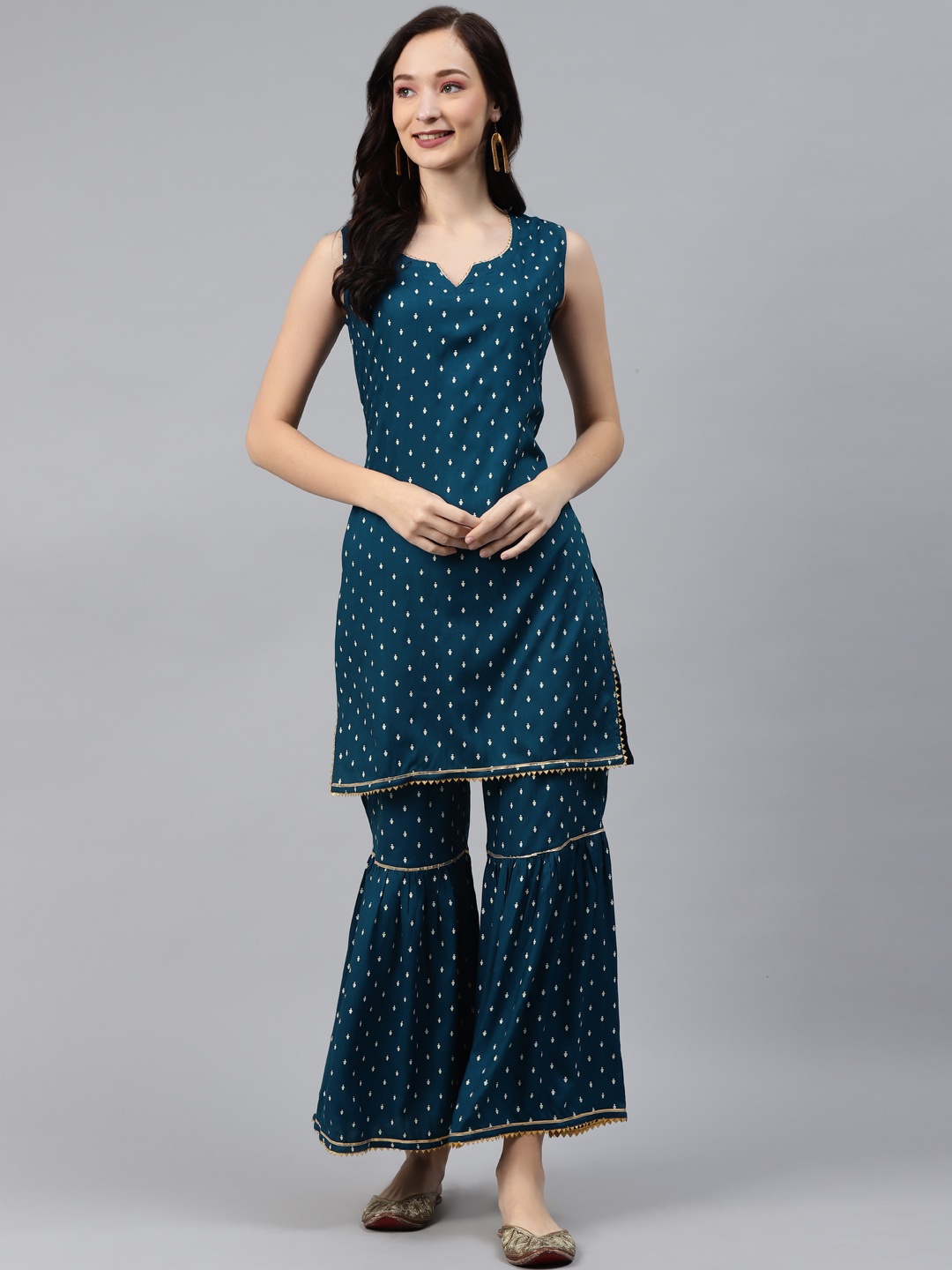 

mokshi Women Blue Ethnic Motifs Printed Regular Kurta with Sharara