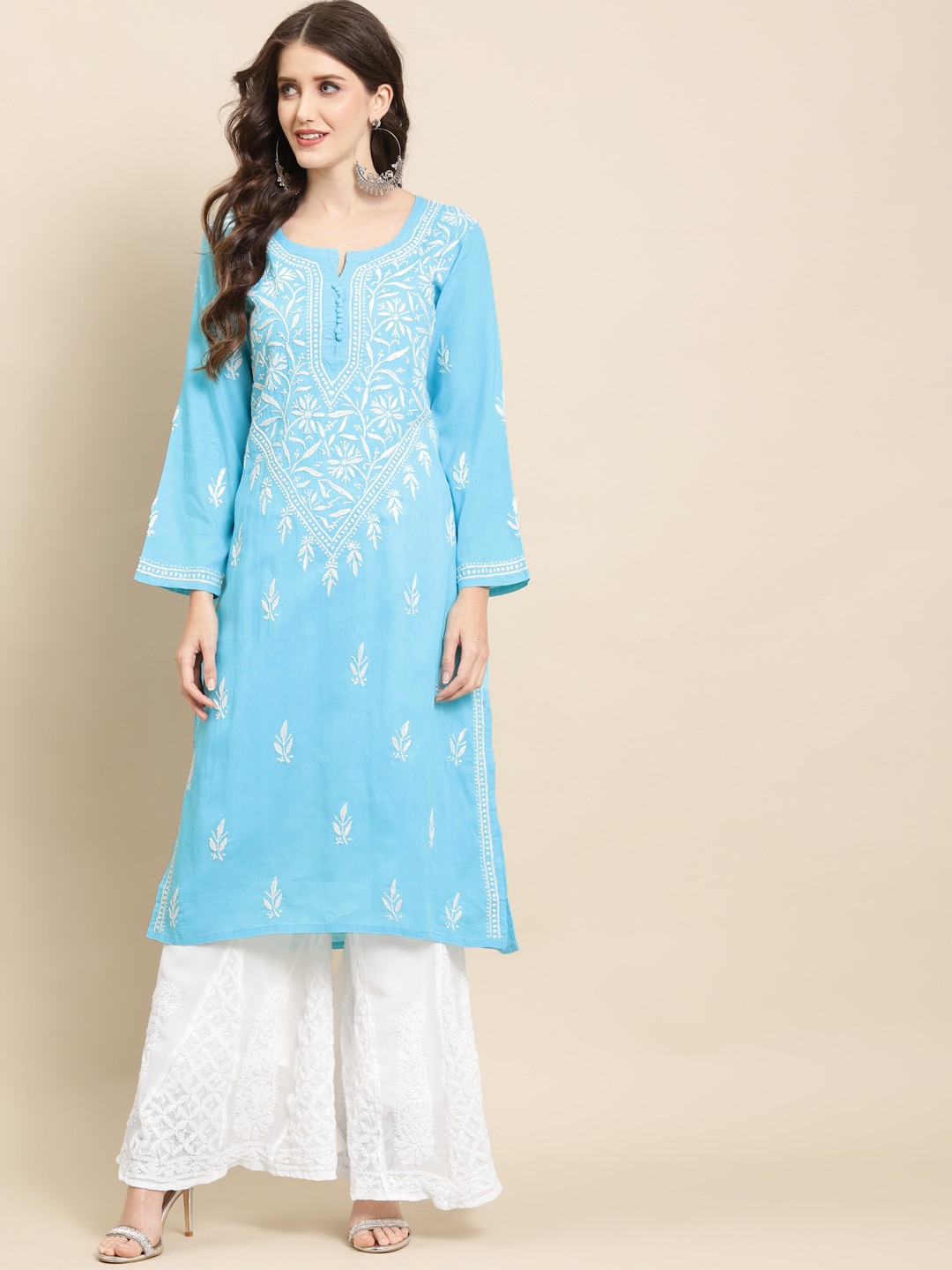 

Saadgi Women Blue Ethnic Motifs Embroidered Handloom Chikankari Kurta with Sharara