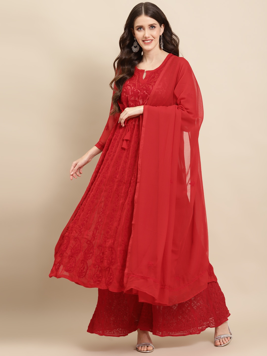 

Saadgi Women Red Embroidered Aari Work Kurta with Palazzos & Dupatta