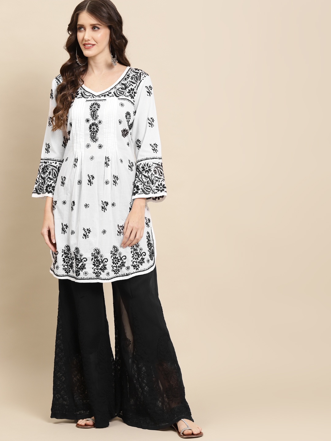 

Saadgi Women White Ethnic Motifs Embroidered Chikankari Pure Cotton Kurta with Sharara