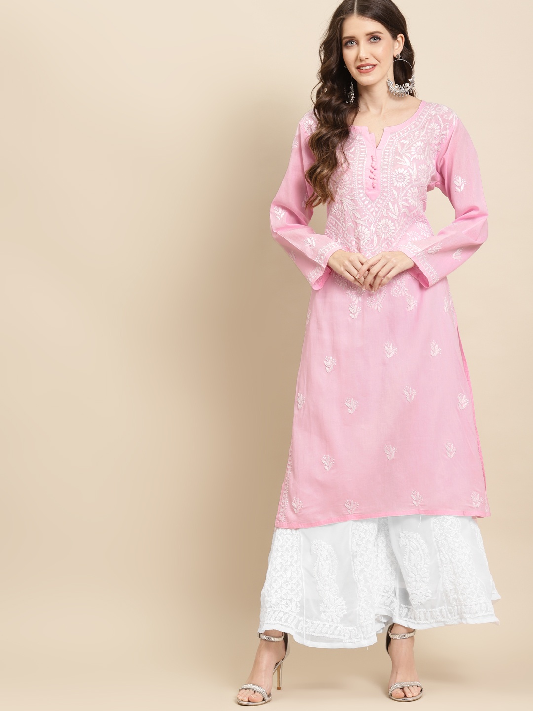 

Saadgi Women Pink Floral Embroidered Kurta with Sharara