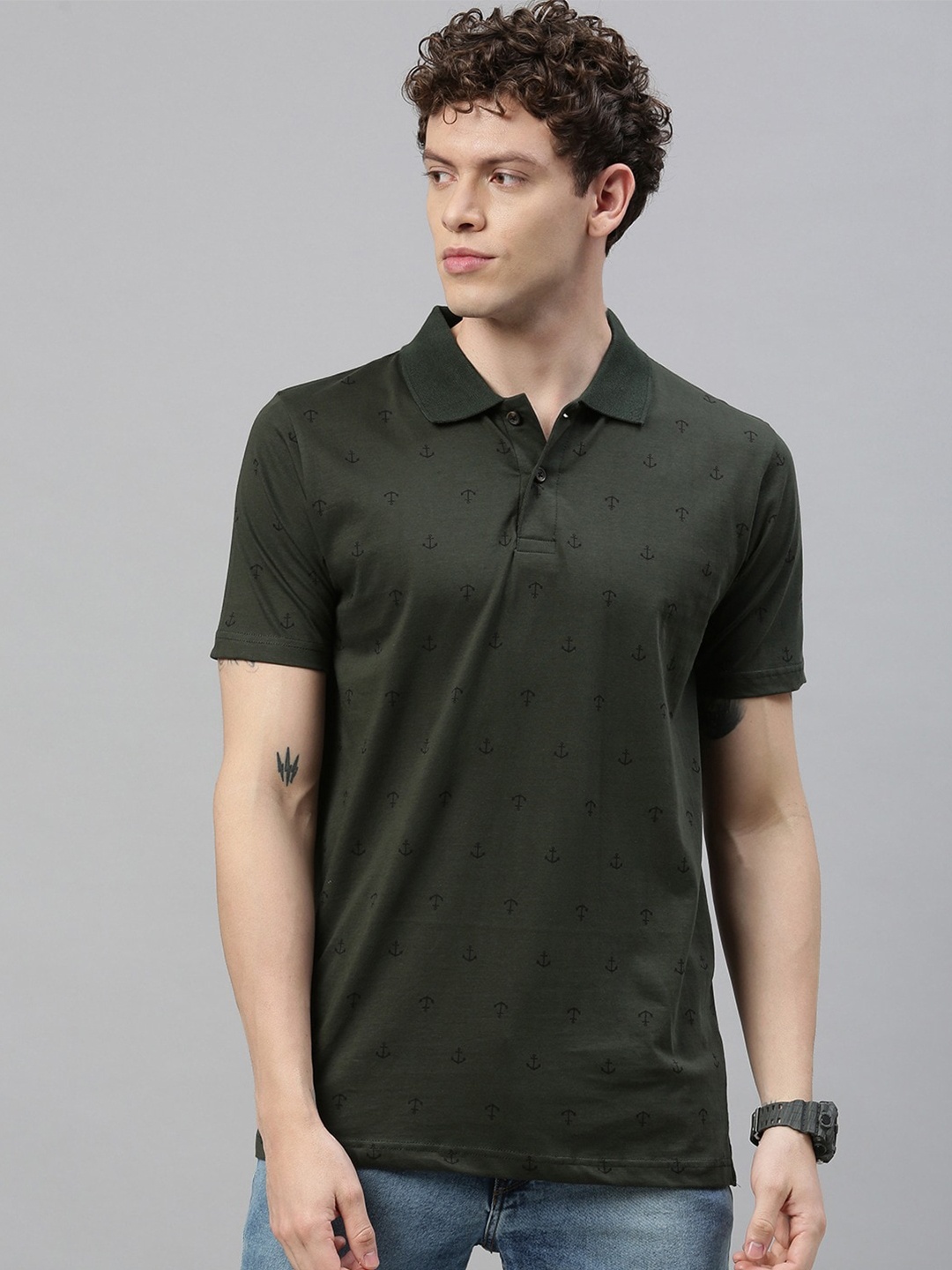 

Kryptic Men Green Black Printed Polo Collar Pure Cotton T-shirt