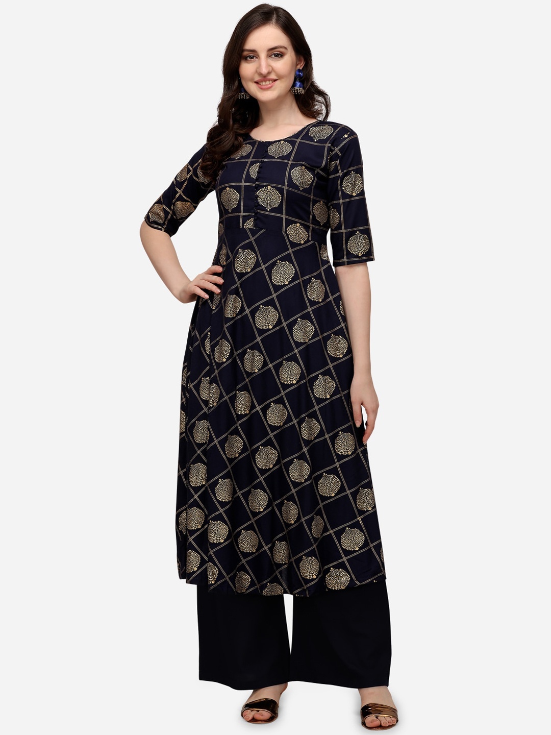 

SAADHVI Women Navy Blue Ethnic Motifs Printed Kurta with Palazzos