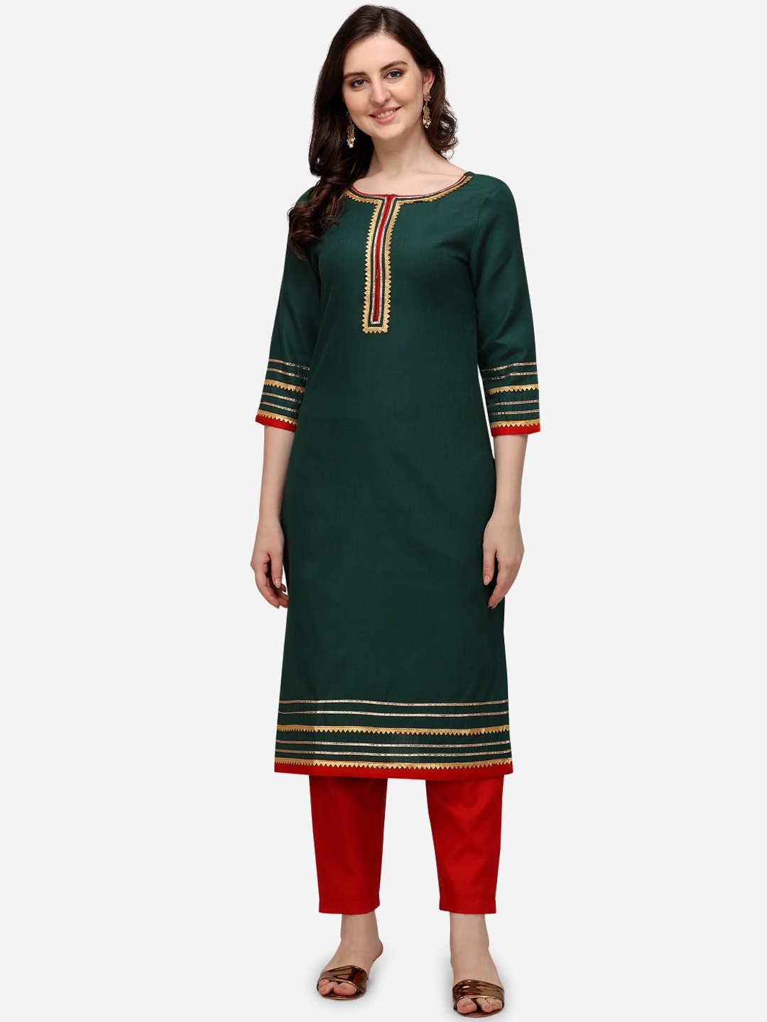 

SAADHVI Women Green Regular Gotta Patti Pure Cotton Kurta with Trousers