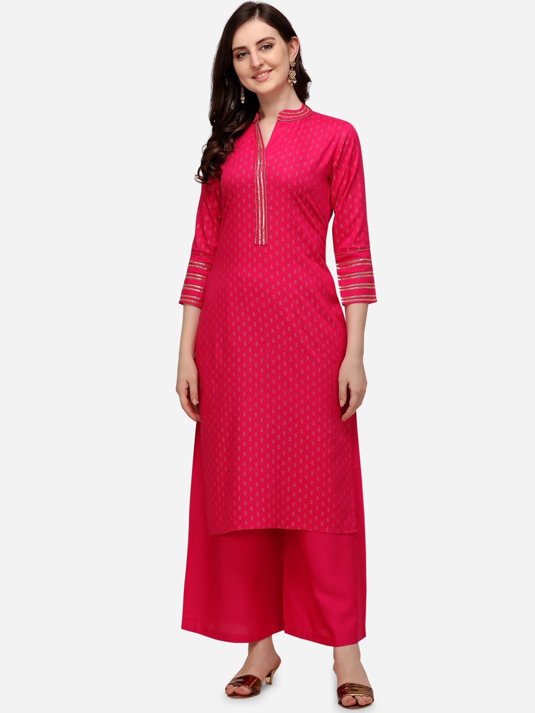 

SAADHVI Women Pink Ethnic Motifs Printed Gotta Patti Kurta with Palazzos