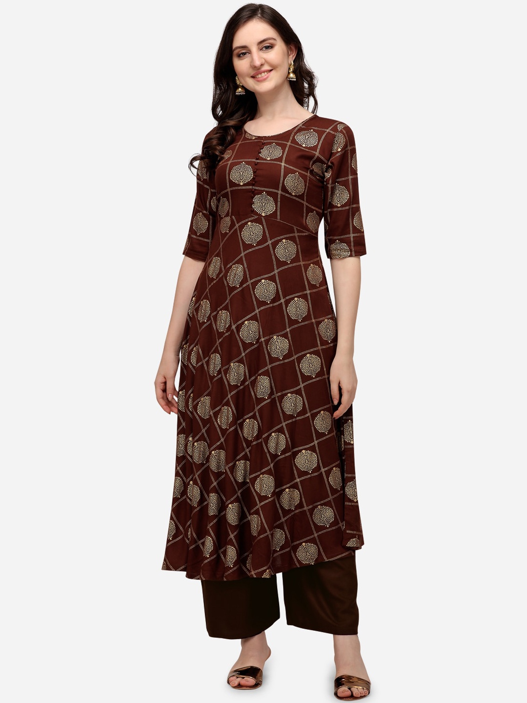 

SAADHVI Women Brown Ethnic Motifs Printed Kurta with Palazzos