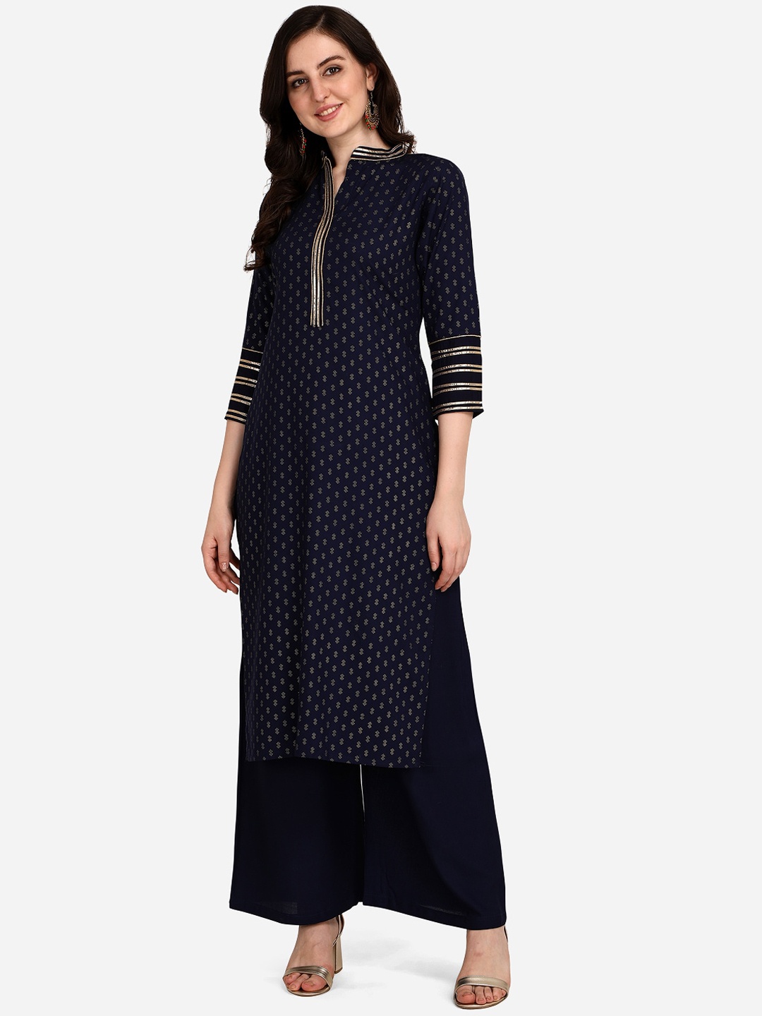 

SAADHVI Women Navy Blue Ethnic Motifs Printed Regular Gotta Patti Kurta with Palazzos