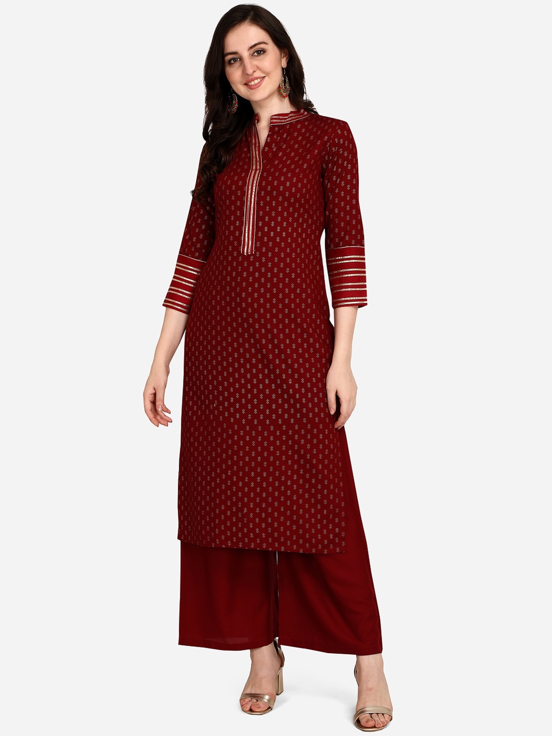 

SAADHVI Women Maroon Ethnic Motifs Printed Gotta Patti Kurta with Palazzos