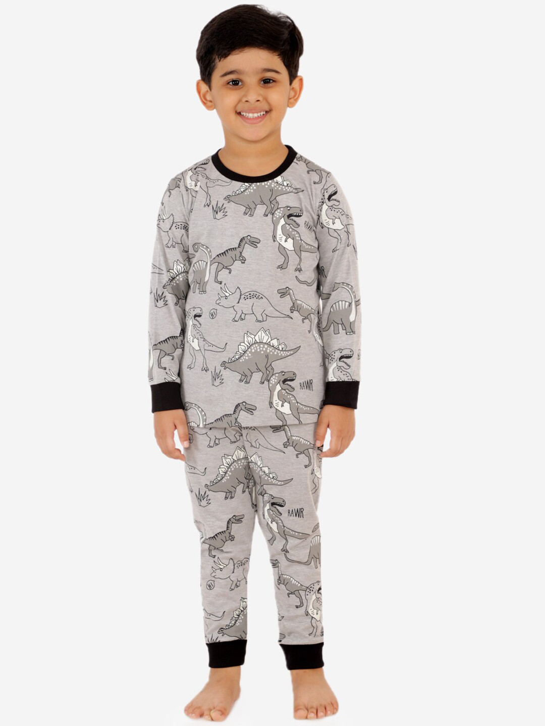 

Lazy Shark Boys Grey & White Dinosaurs Printed Night suit