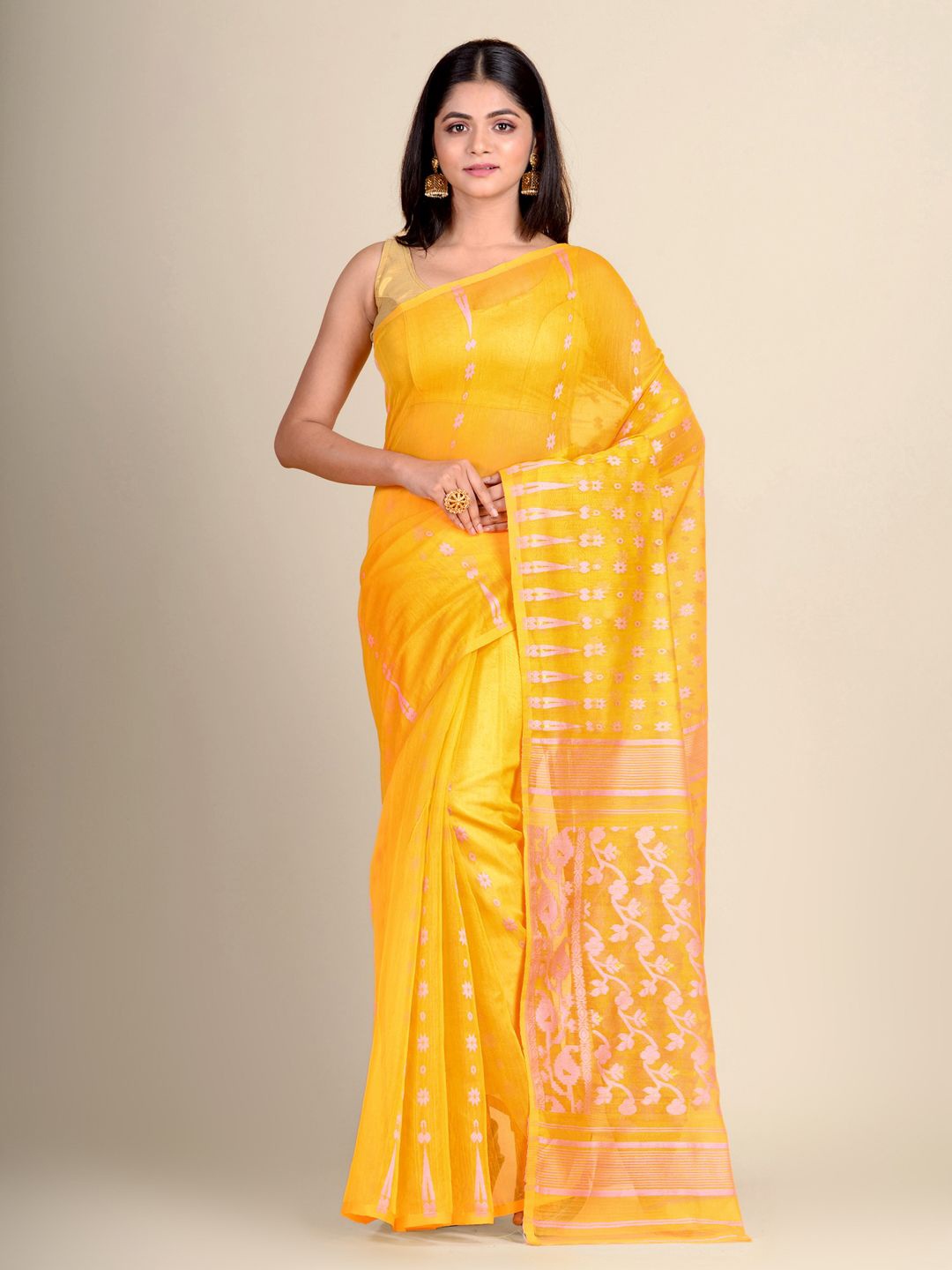 

Charukriti Yellow & Pink Floral Woven Design Jamdani Saree