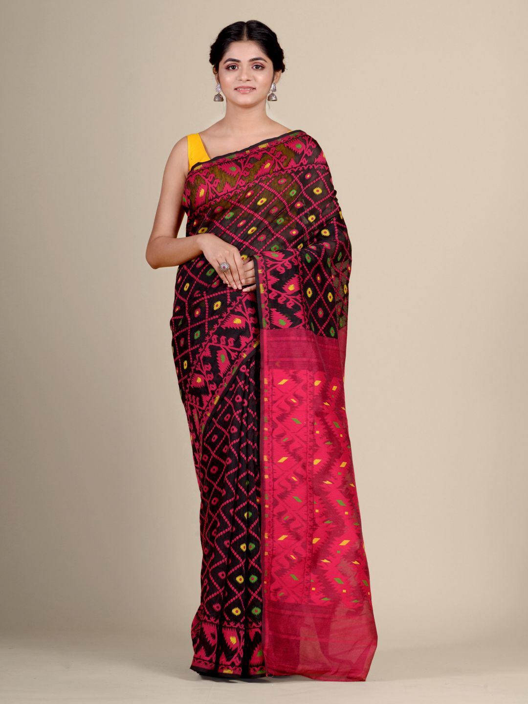 

Charukriti Black & Pink Geometric Woven Design Jamdani Saree