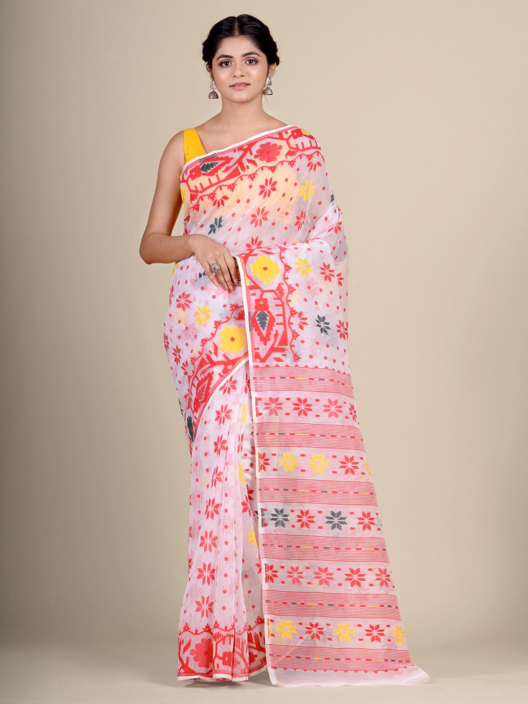 

Charukriti White & Red Geometric Woven Design Jamdani Saree