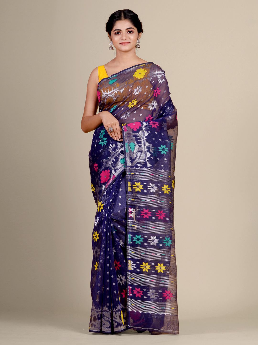 

Charukriti Navy Blue & Magenta Floral Woven Design Jamdani Saree