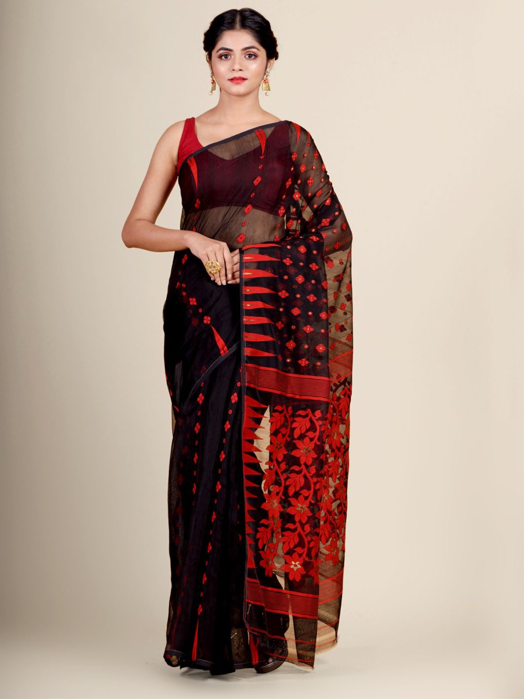 

Charukriti Black & Red Floral Woven Design Jamdani Saree