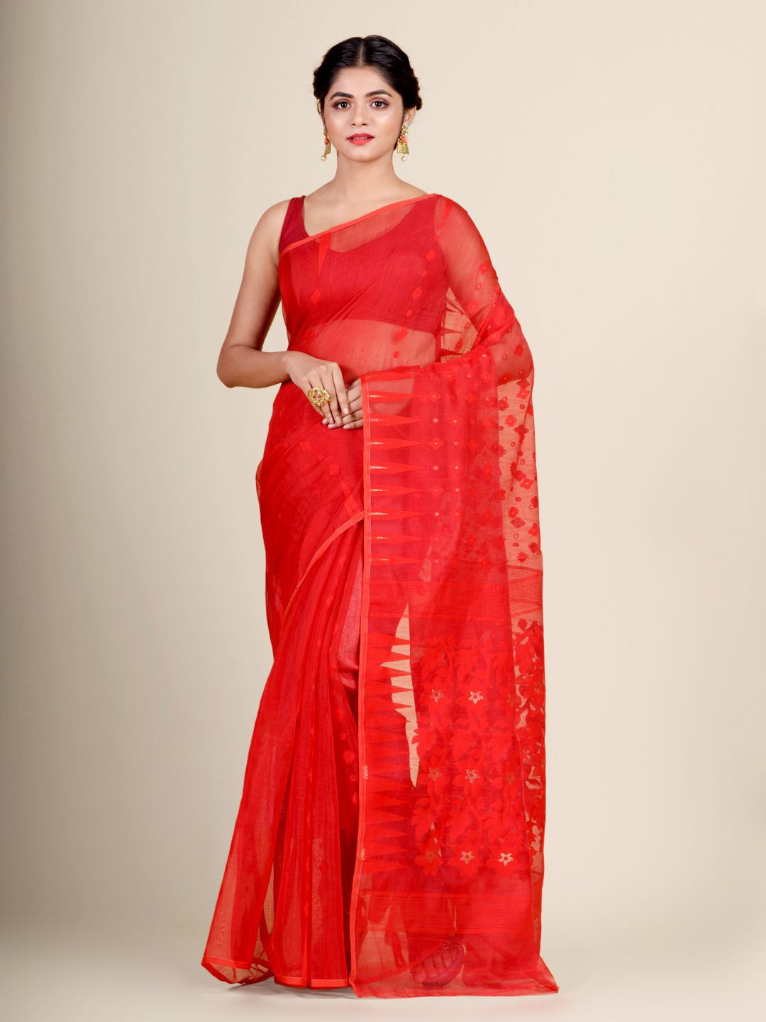 

Charukriti Red-Coloured Floral Woven Design Jamdani Saree