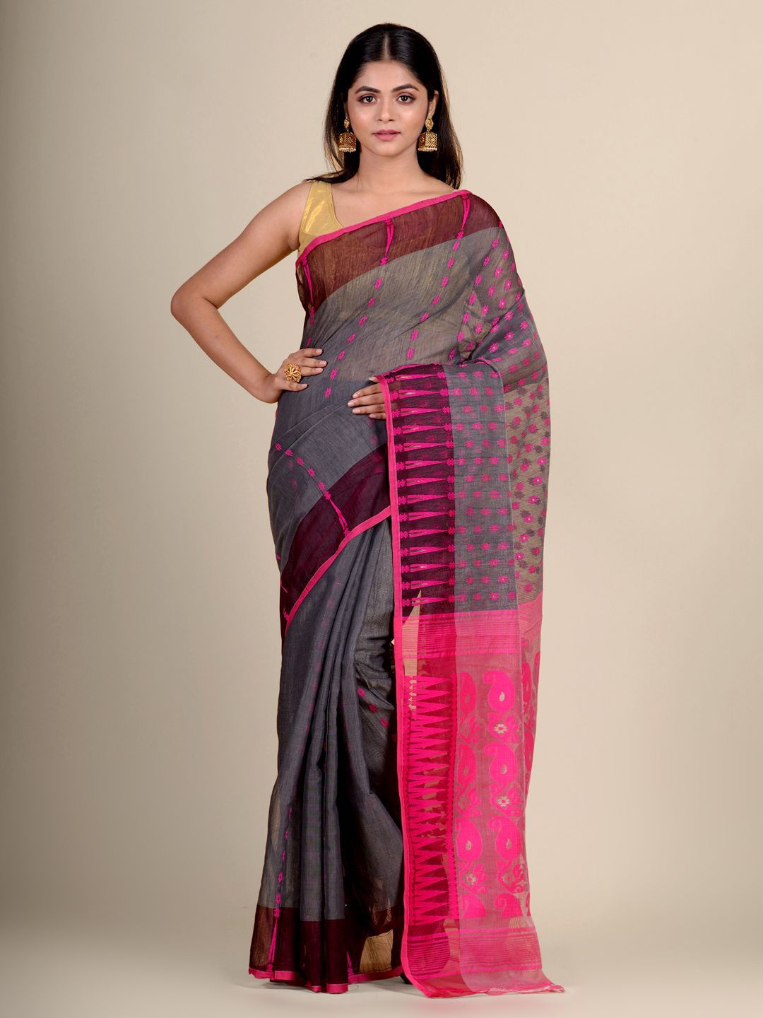 

Charukriti Grey & Pink Floral Woven Design Jamdani Saree