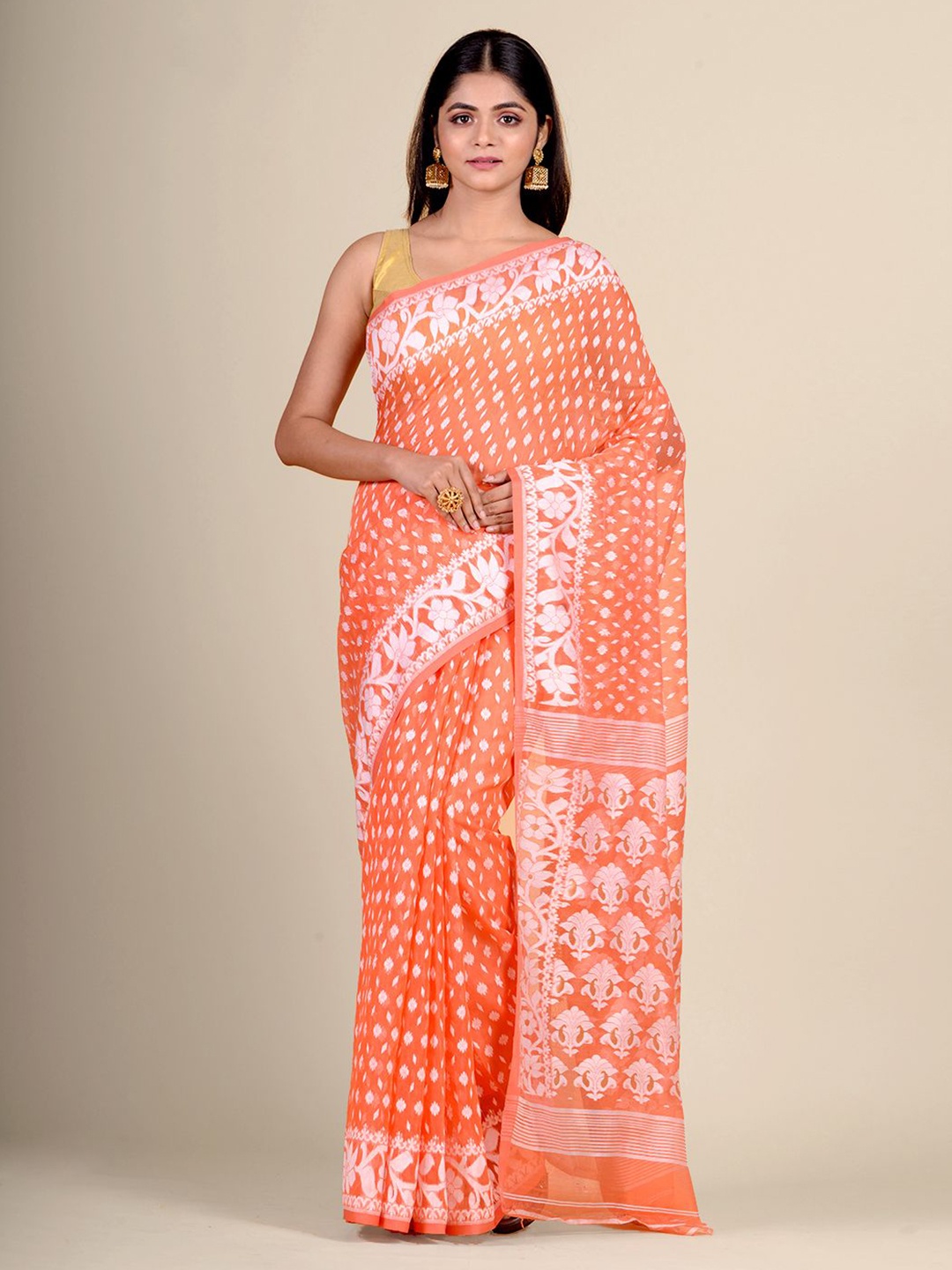

Charukriti Orange & White Ethnic Motifs Woven Design Jamdani Saree