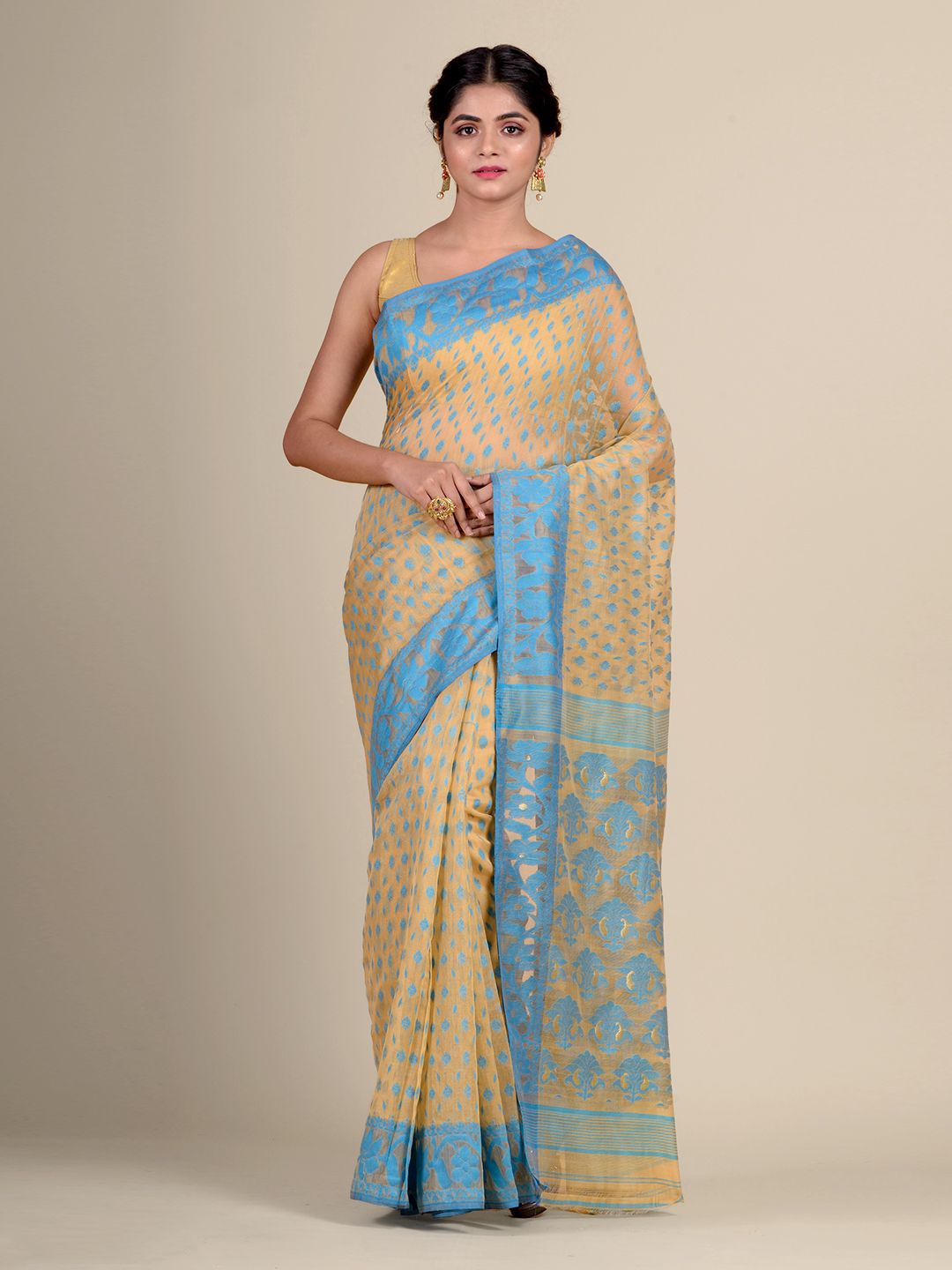 

Charukriti Beige & Blue Ethnic Motifs Woven Design Jamdani Saree