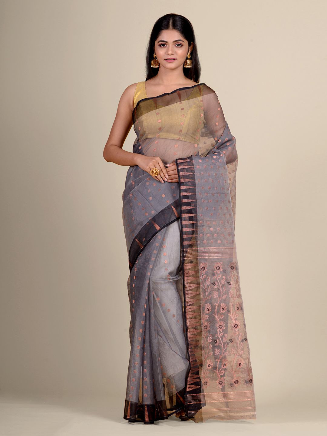 

Charukriti Grey & Rust Floral Woven Design Pure Silk Jamdani Saree