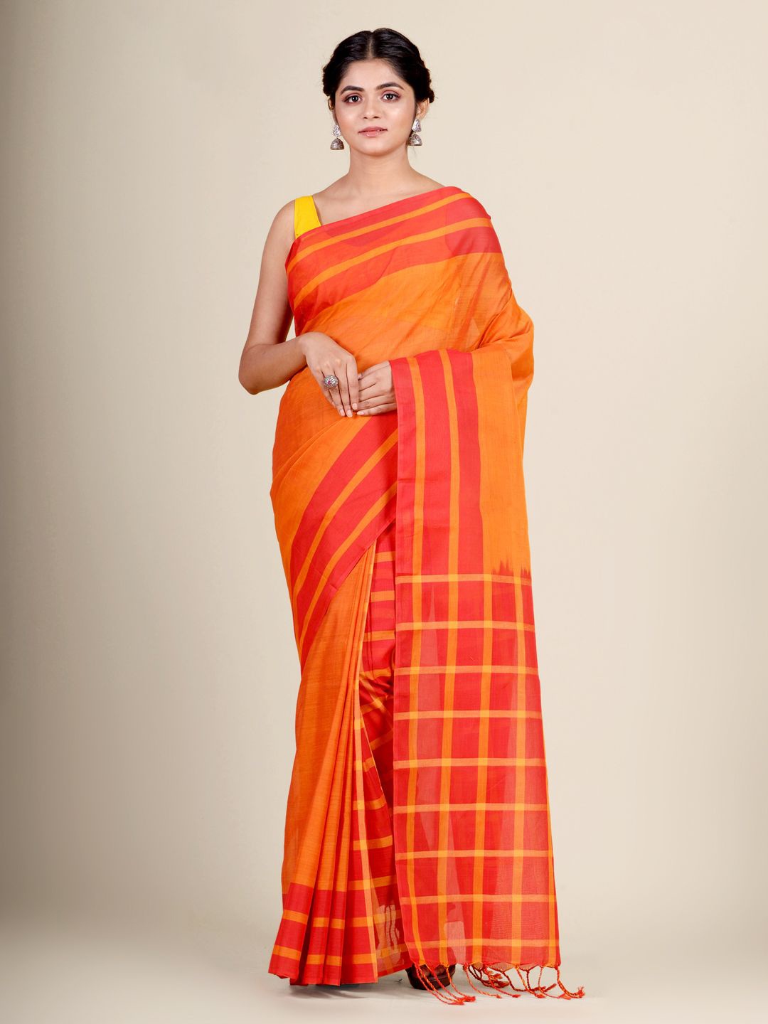 

Charukriti Mustard & Red Cotton handwoven Saree