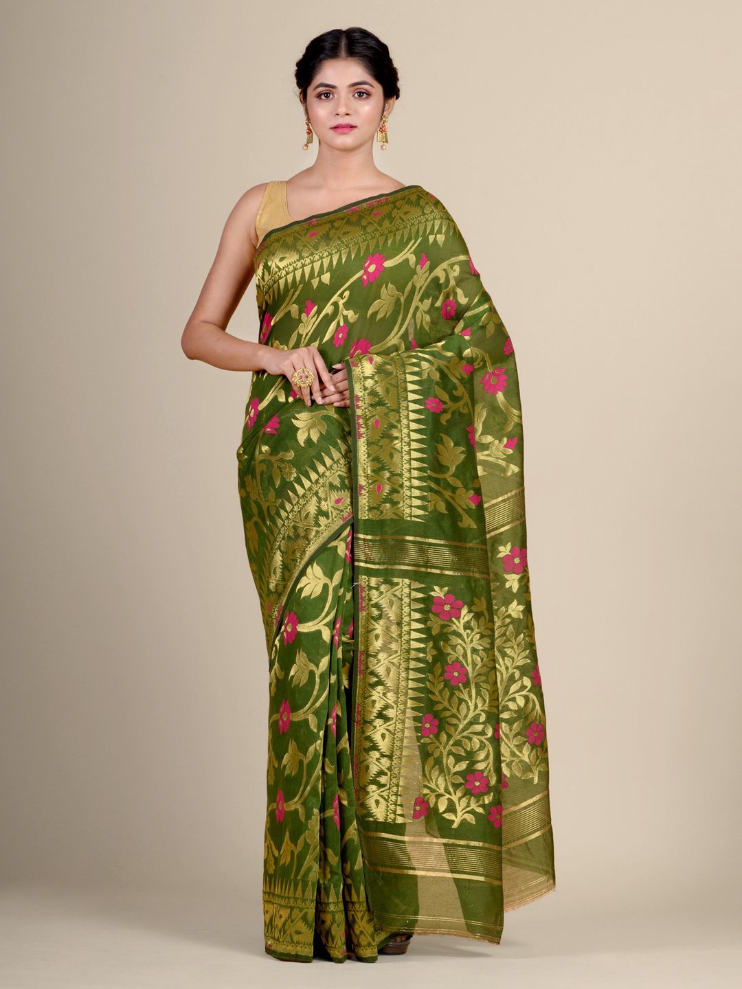 

Charukriti Green & Pink Woven Design Silk Cotton handwoven Jamdani Saree