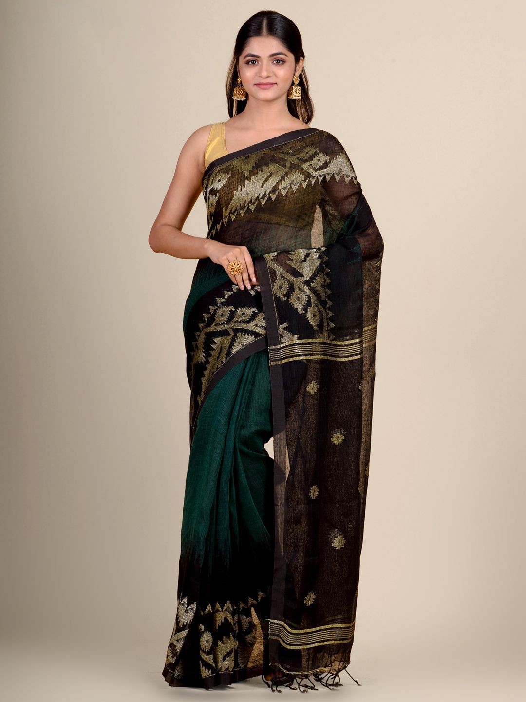 

Charukriti Green & Black Woven Design Pure Linen Ikat Saree