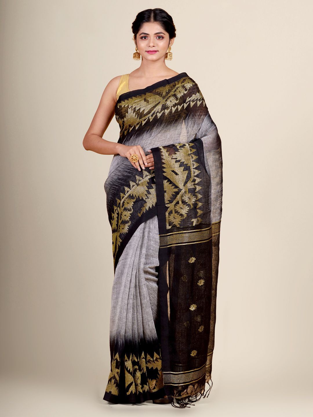 

Charukriti Grey & Black Woven Design Zari Pure Linen Ikat Saree