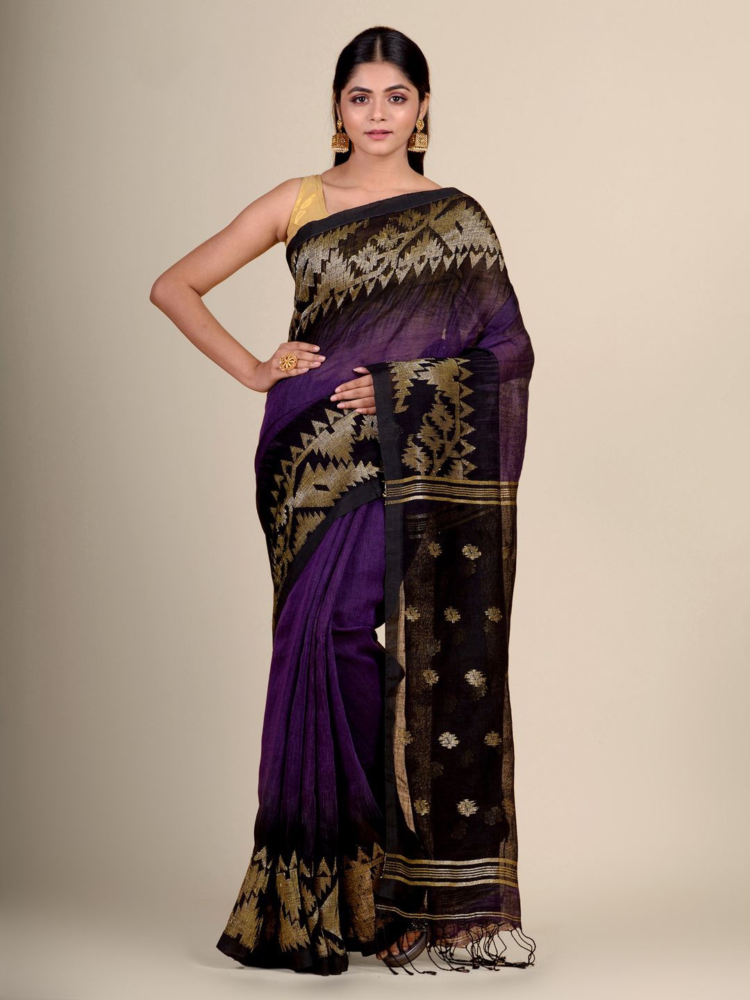 

Charukriti Purple & Black Woven Design Pure Linen Ikat Saree