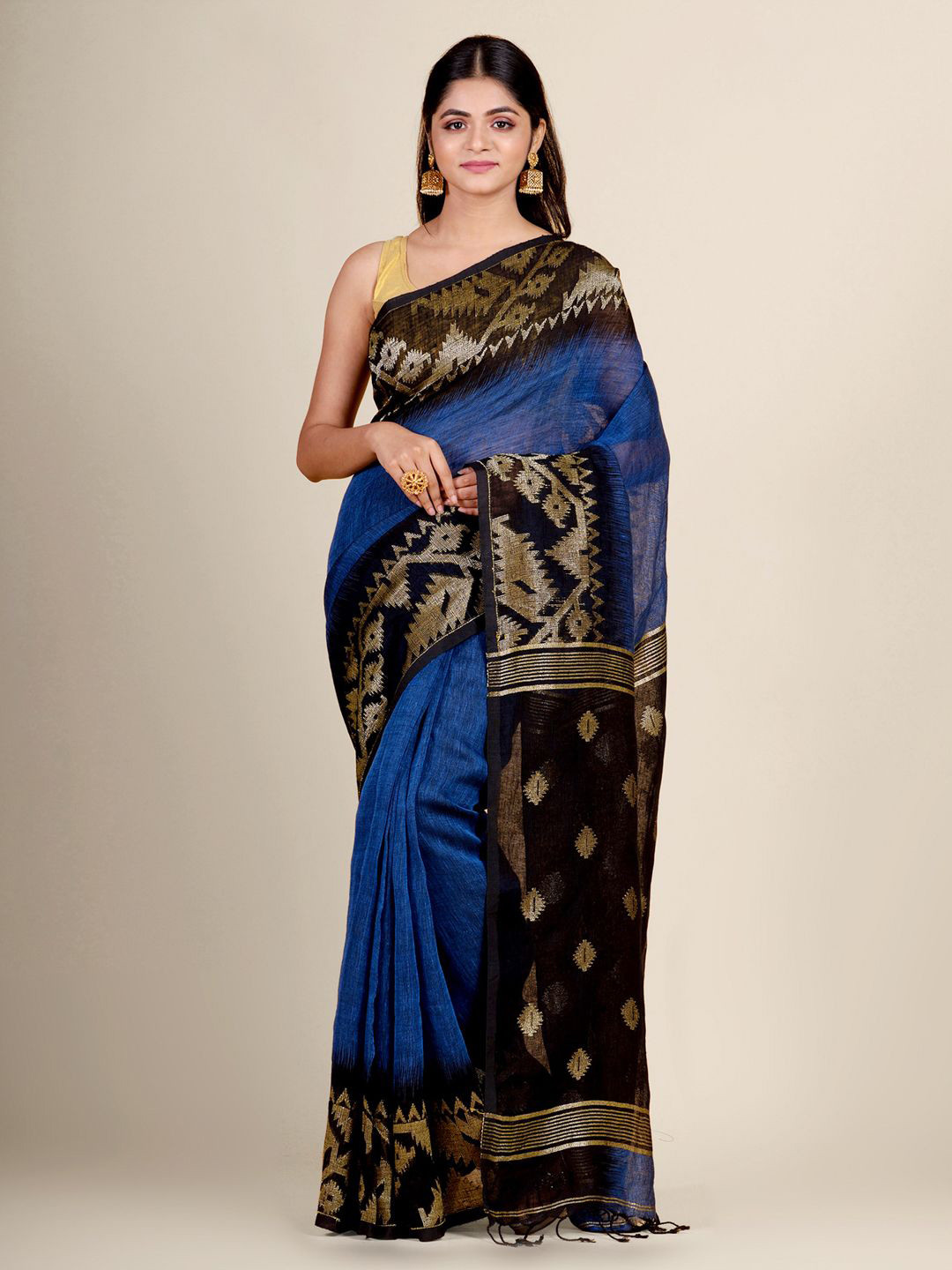 

Charukriti Blue & Gold-Toned Woven Design Zari Pure Linen Ikat Saree