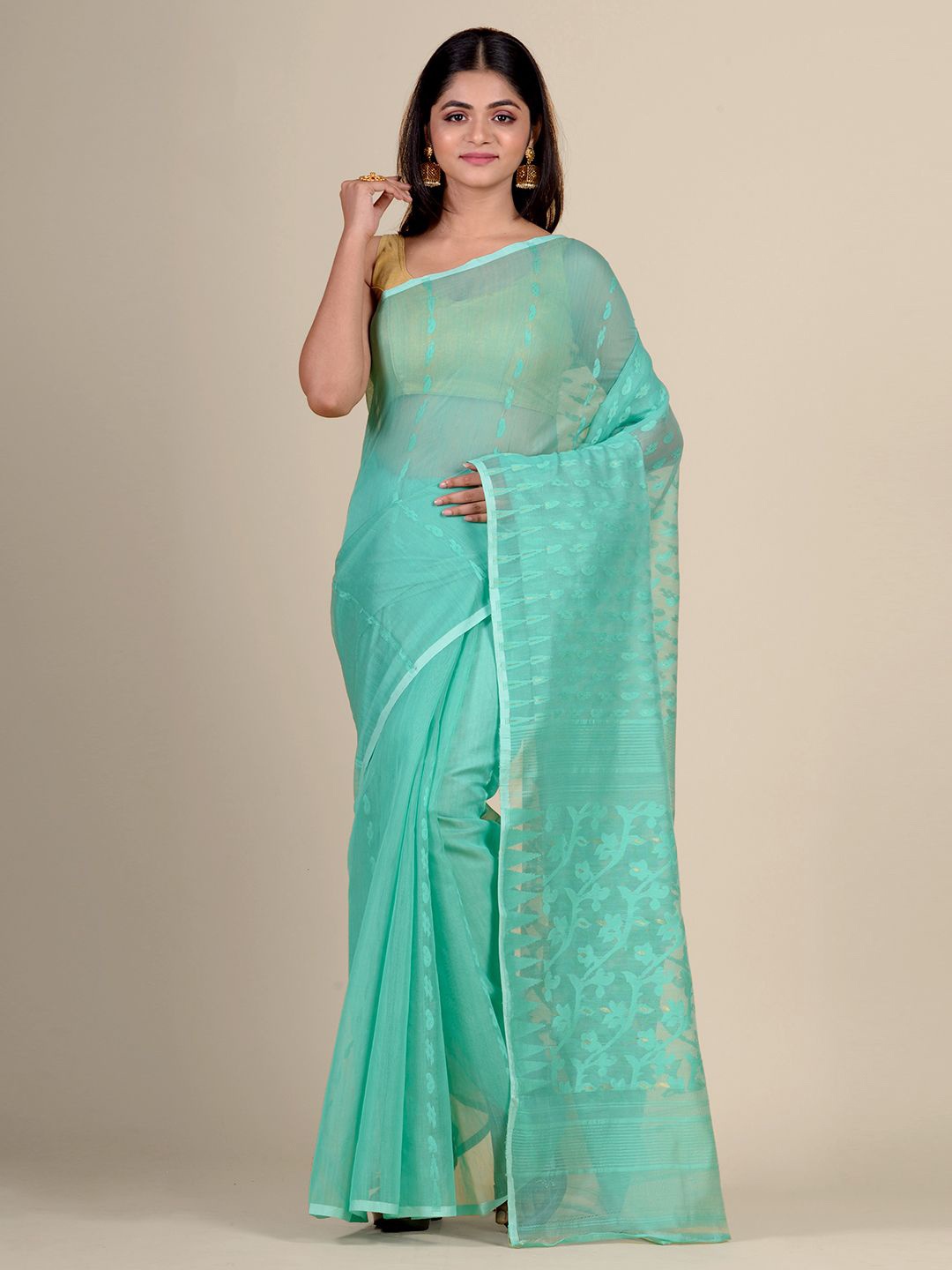 

Charukriti Sea Green Woven Design Silk Cotton Jamdani Saree